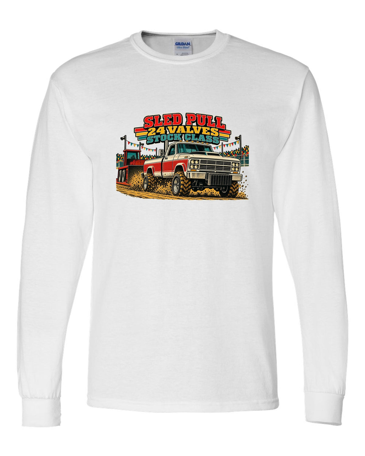 Vintage race poster print of a 1998.5-2002 Ram 2500 24V Cummins for a sled pull white long sleeve front view with the design