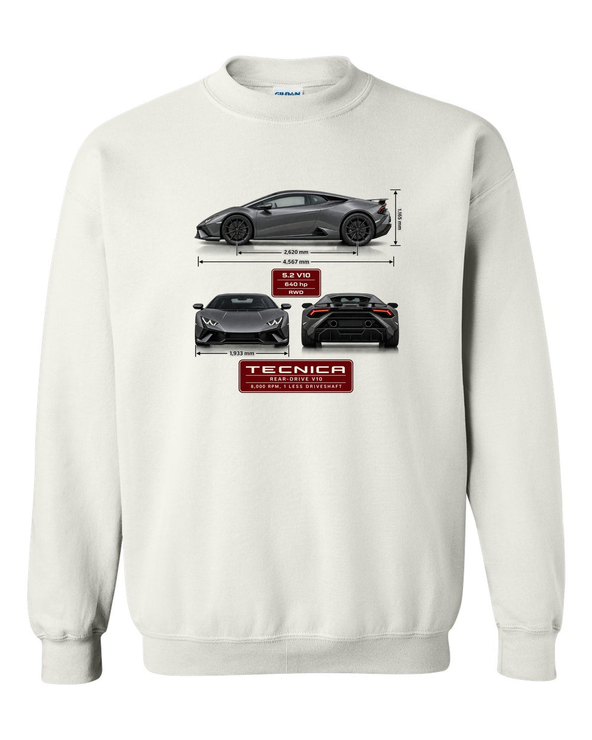 Three-view spec table print of the Lamborghini Huracan Tecnica white crewneck front view with the design