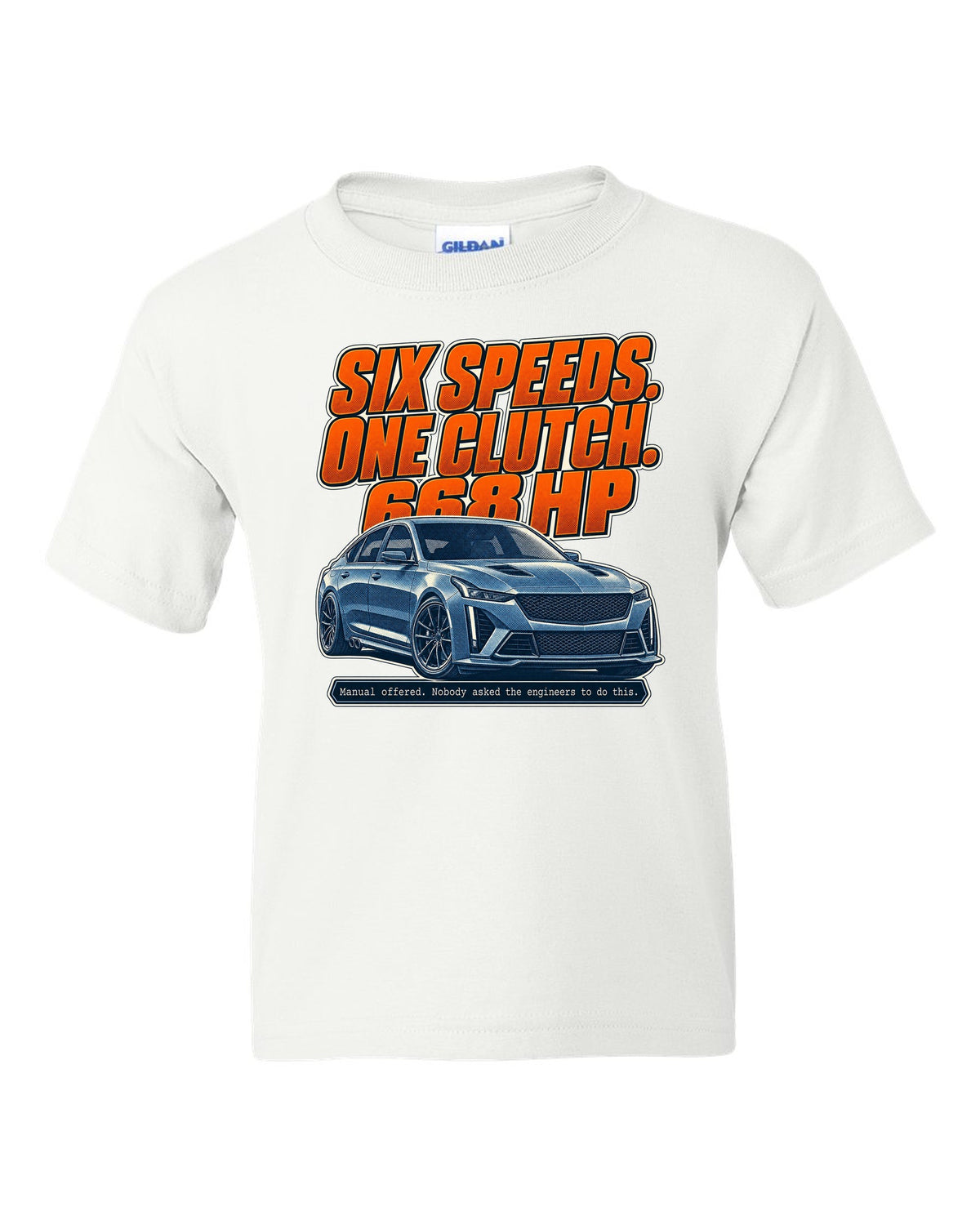 Halftone print of a Cadillac CT5-V Blackwing with six-speed manual text white kids tee front view with the design