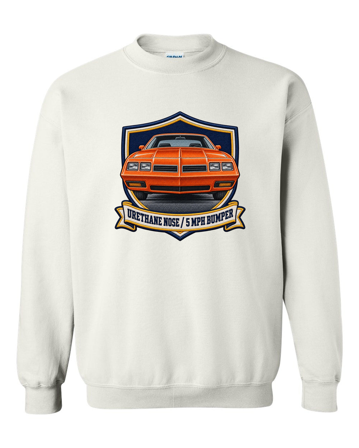 Varsity crest print for a 1973 Chevelle Laguna S-3 with the text Urethane Nose, 5 MPH Bumper white crewneck front view with the design