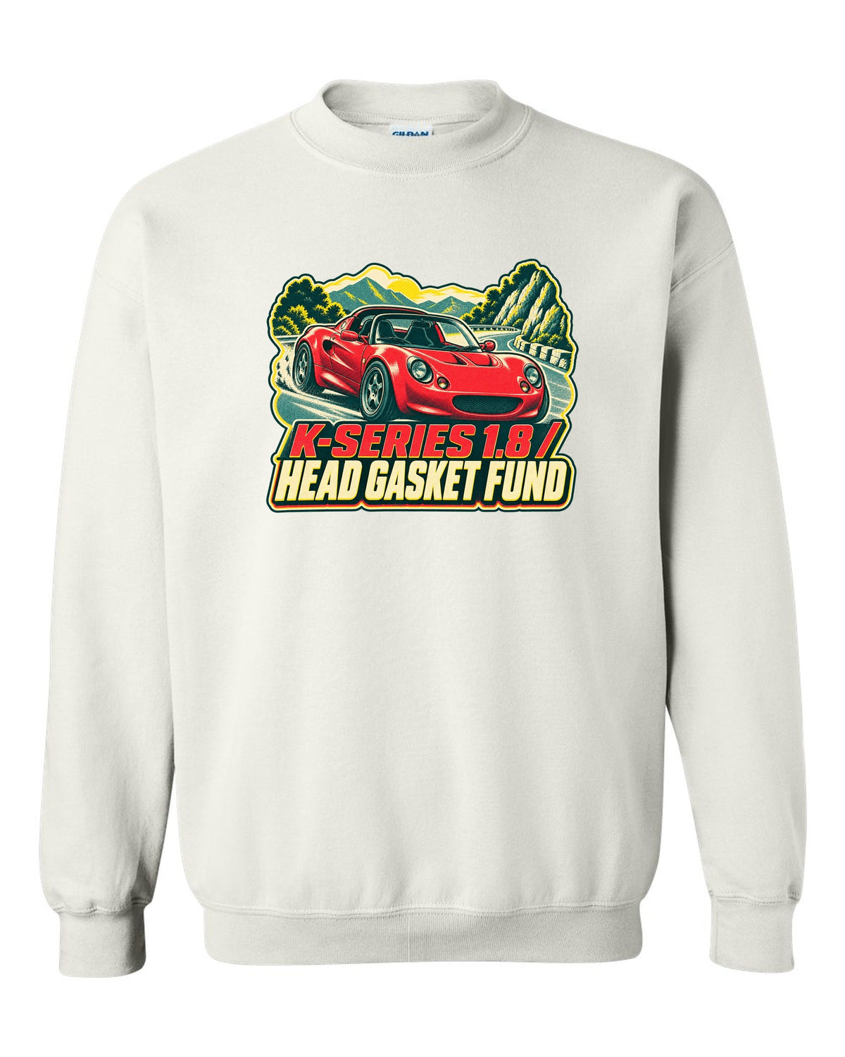 Lotus Elise S1 risograph print with K-Series 1.8 head gasket fund lettering white crewneck front view with the design
