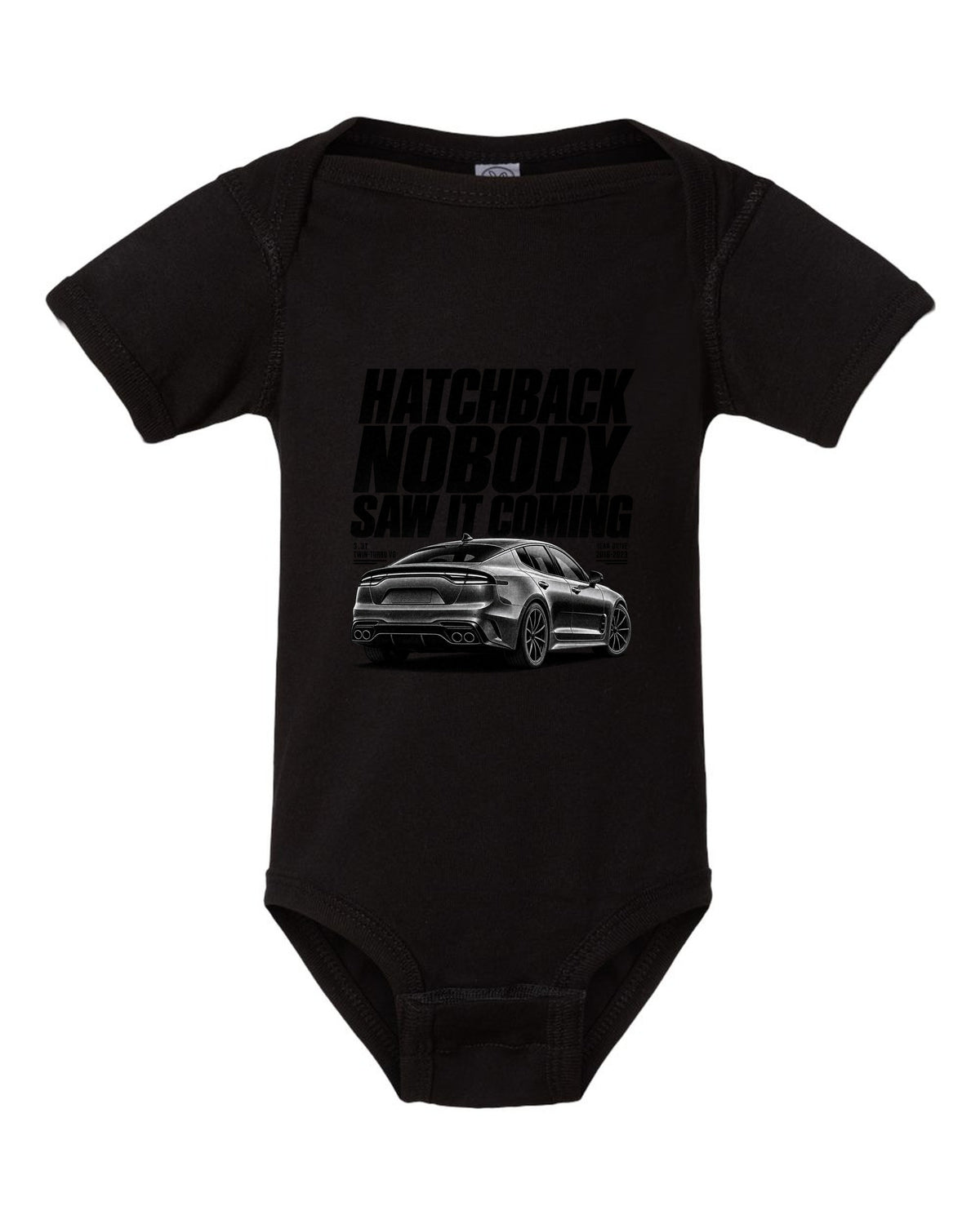 Halftone print of a Kia Stinger GT CK rear three-quarter low angle with chback text black baby onesie front view with the design