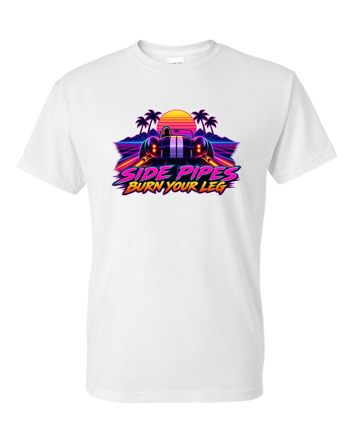 Shelby Cobra 427 Side Pipes Synthwave Outrun white t-shirt front view with the design
