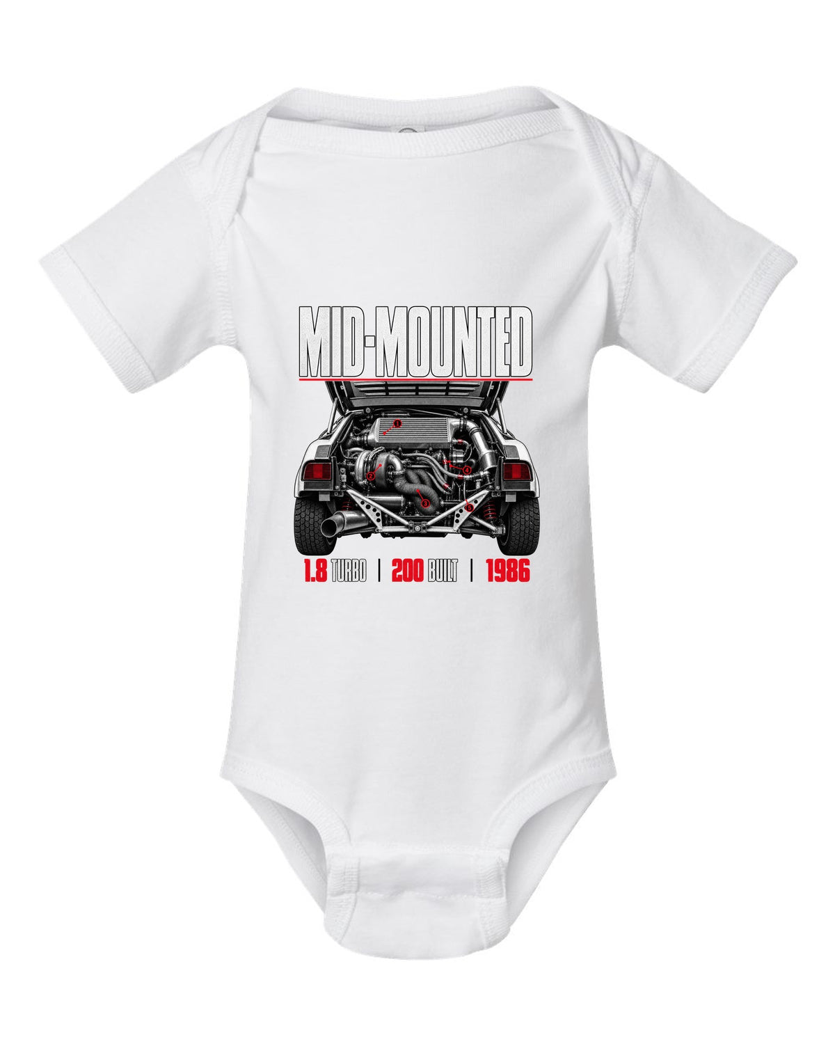 Ford RS200 Group B engine close-up print with mid-mounted turbo text white baby onesie front view with the design