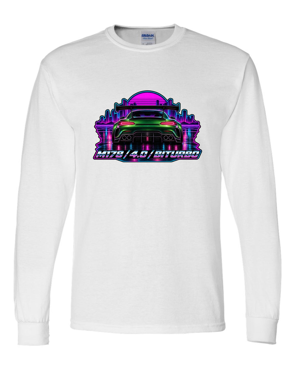 Cyanotype blueprint style engine bay illustration of a Mercedes AMG GT C190 with M178 557 PS text white long sleeve front view with the design