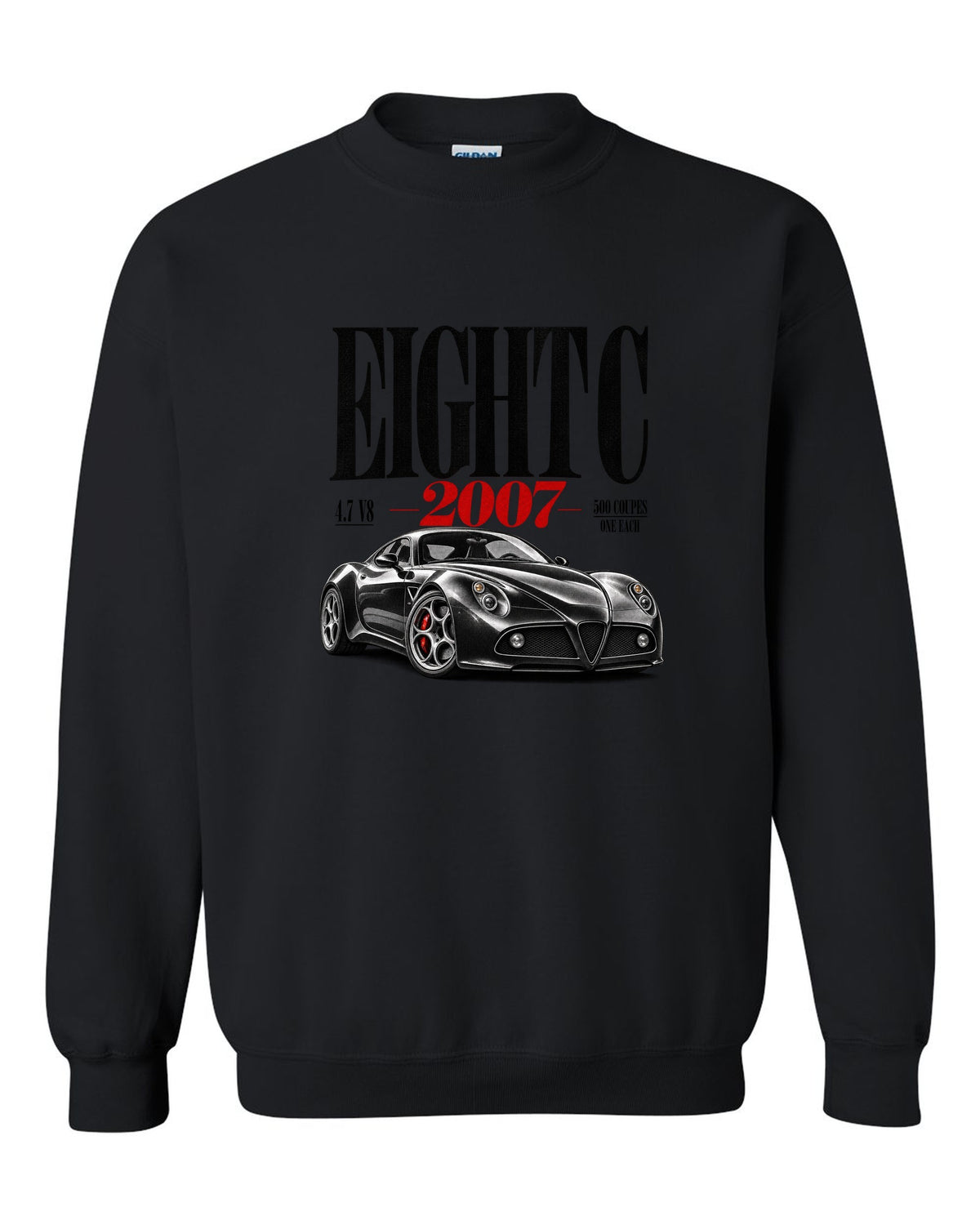 Editorial headline print for the Alfa Romeo 8C Competizione with 4.7 V8 text black crewneck front view with the design