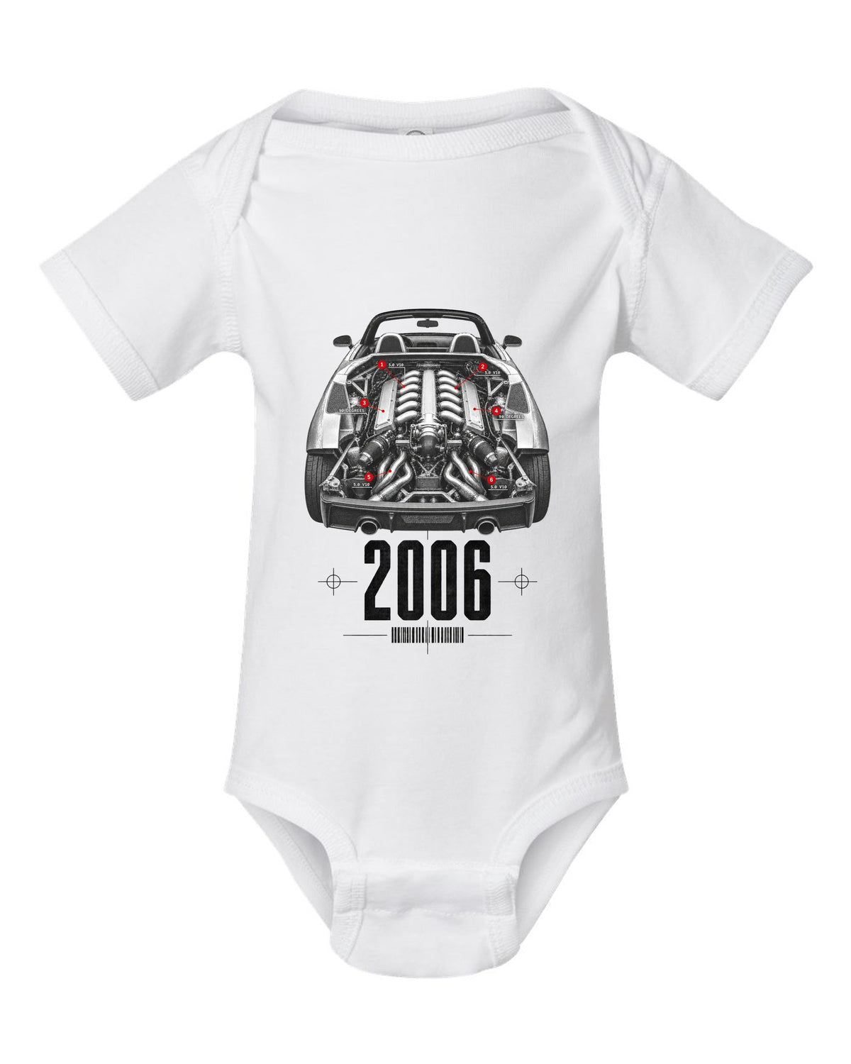 Engine hero print of a Lamborghini Gallardo Spyder with 5.0 V10 and 90 Degrees text white baby onesie front view with the design