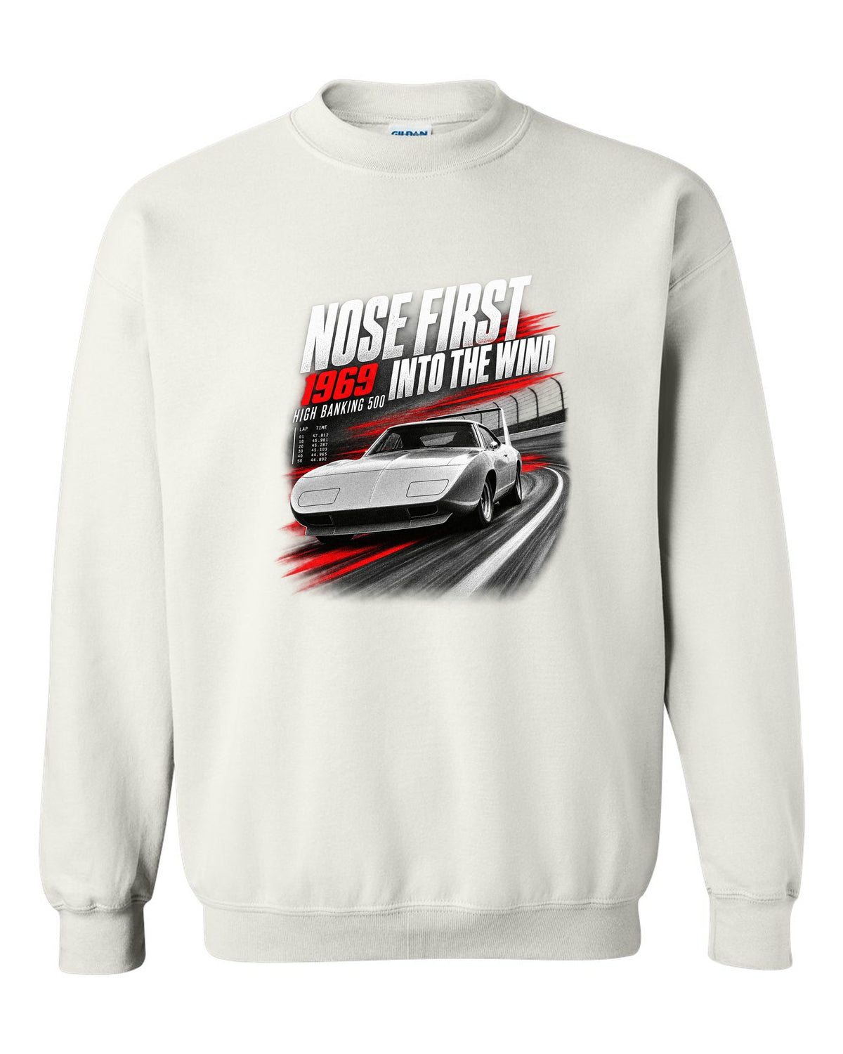 1969 Dodge Charger Daytona race poster print with nose first into the wind lettering white crewneck front view with the design