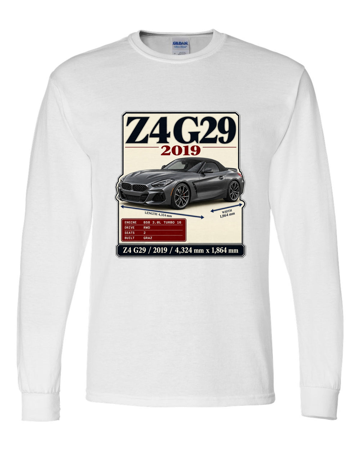 Archive plate print of the BMW Z4 G29 M40i First Edition with 2019 and dimensions white long sleeve front view with the design