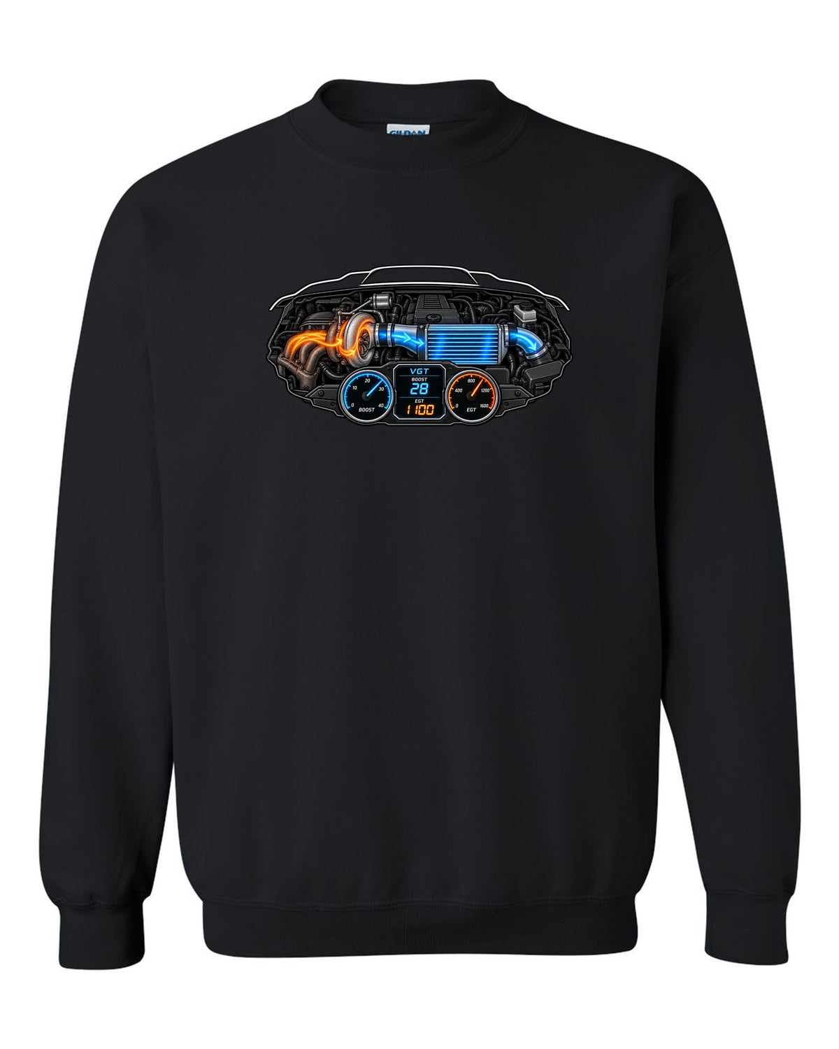 Gauge-cluster HUD print of a 2003-2009 Dodge Ram 3rd gen 5.9 compound turbo with VGT boost 28 EGT 1100 text black crewneck front view with the design
