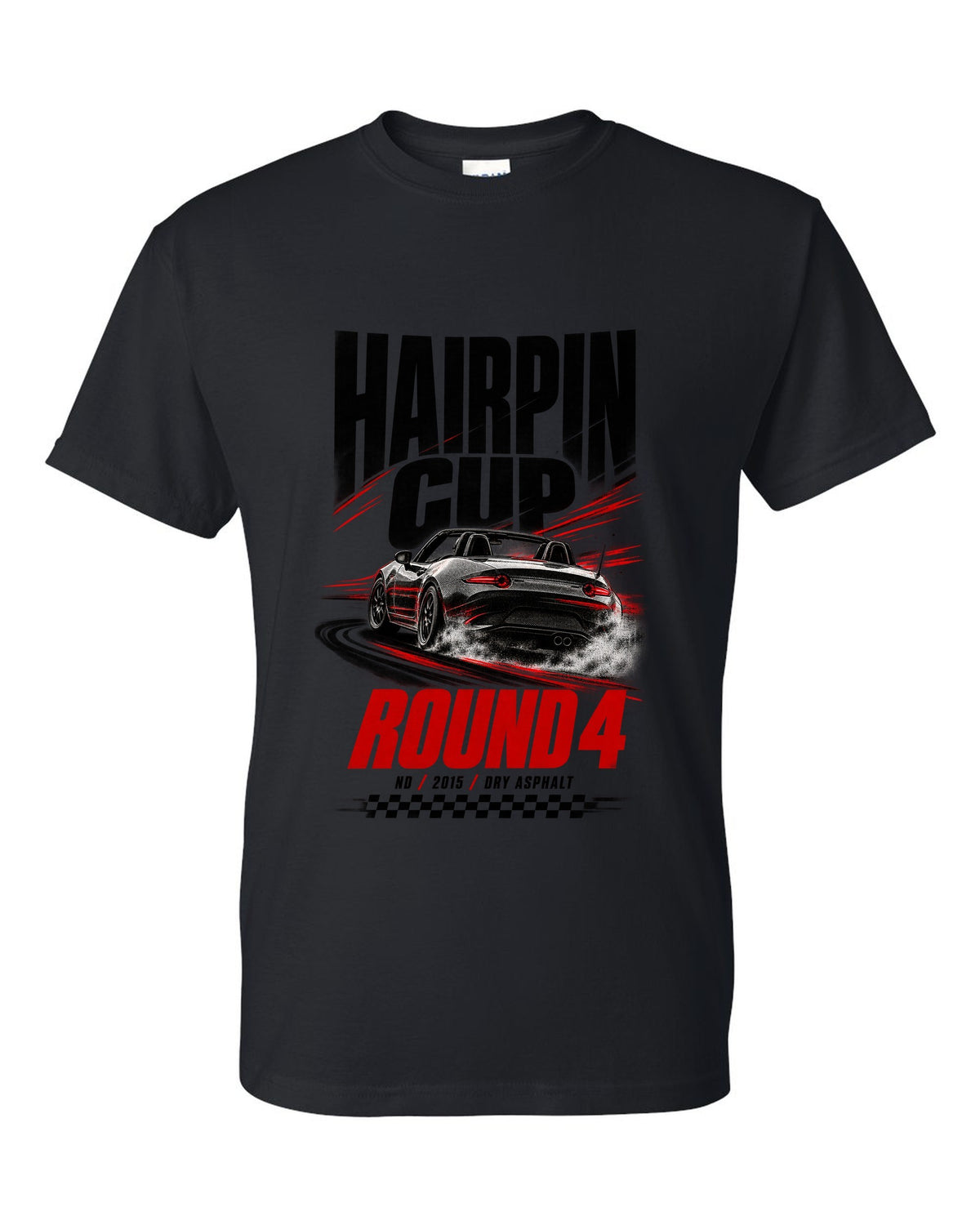 Race poster print of a Mazda MX-5 ND for the Hairpin Cup round 4 black t-shirt front view with the design
