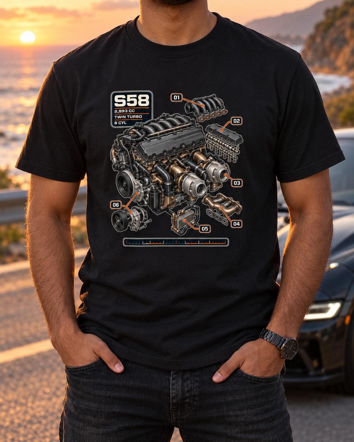 BMW S58 Engine Hero Shirt, 3.0 Twin-Turbo Inline Six Tee T-Shirt Black worn hero