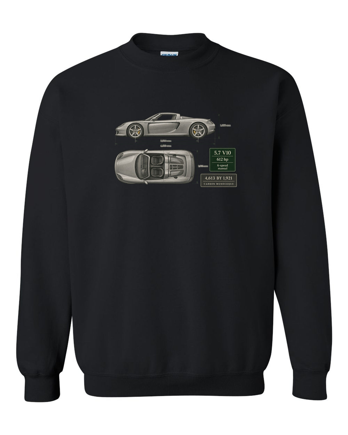 Porsche Carrera GT top view dimension blueprint print design black crewneck front view with the design