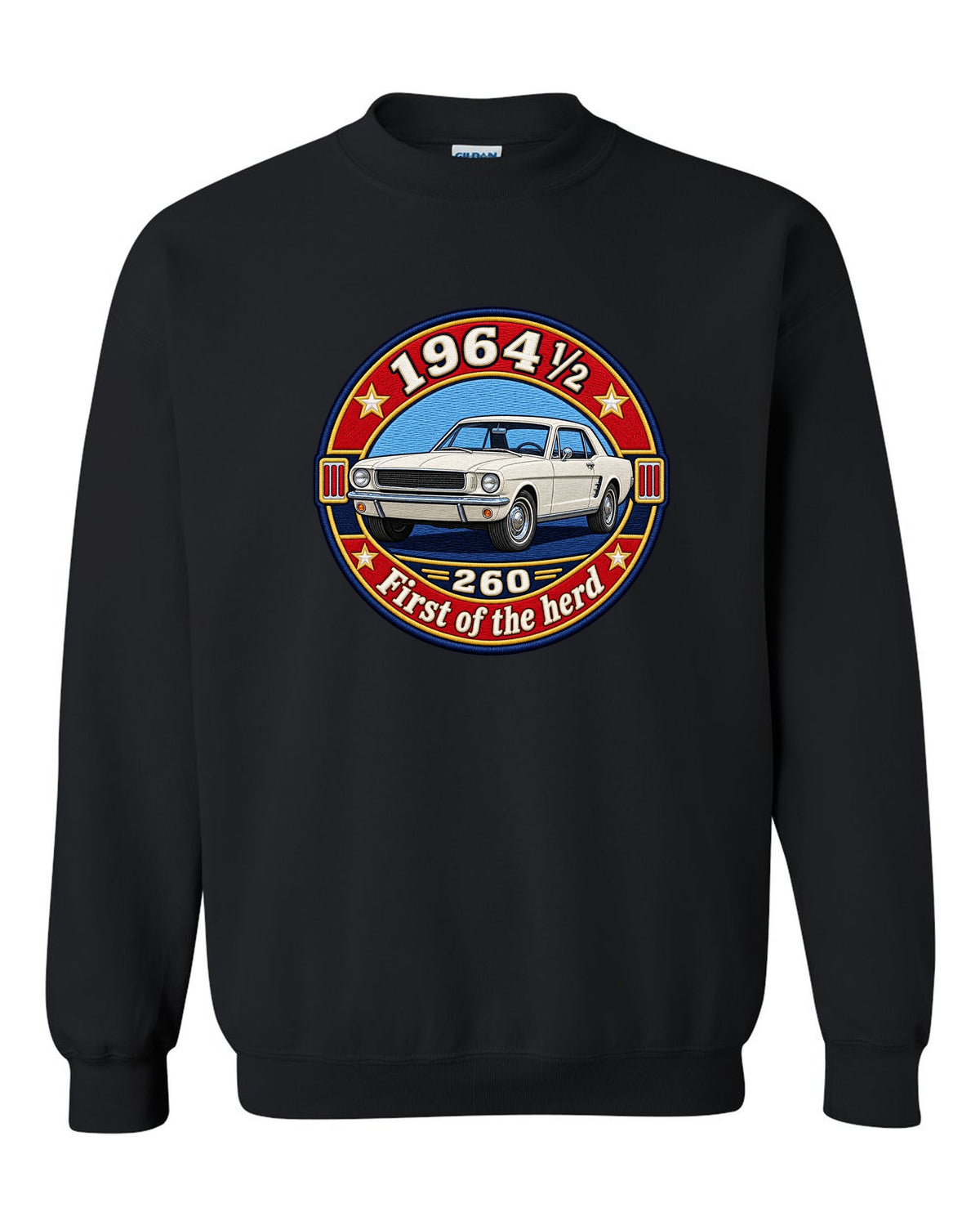 Varsity crest design of a 1964½ Ford Mustang coupe with 260 lettering black crewneck front view with the design