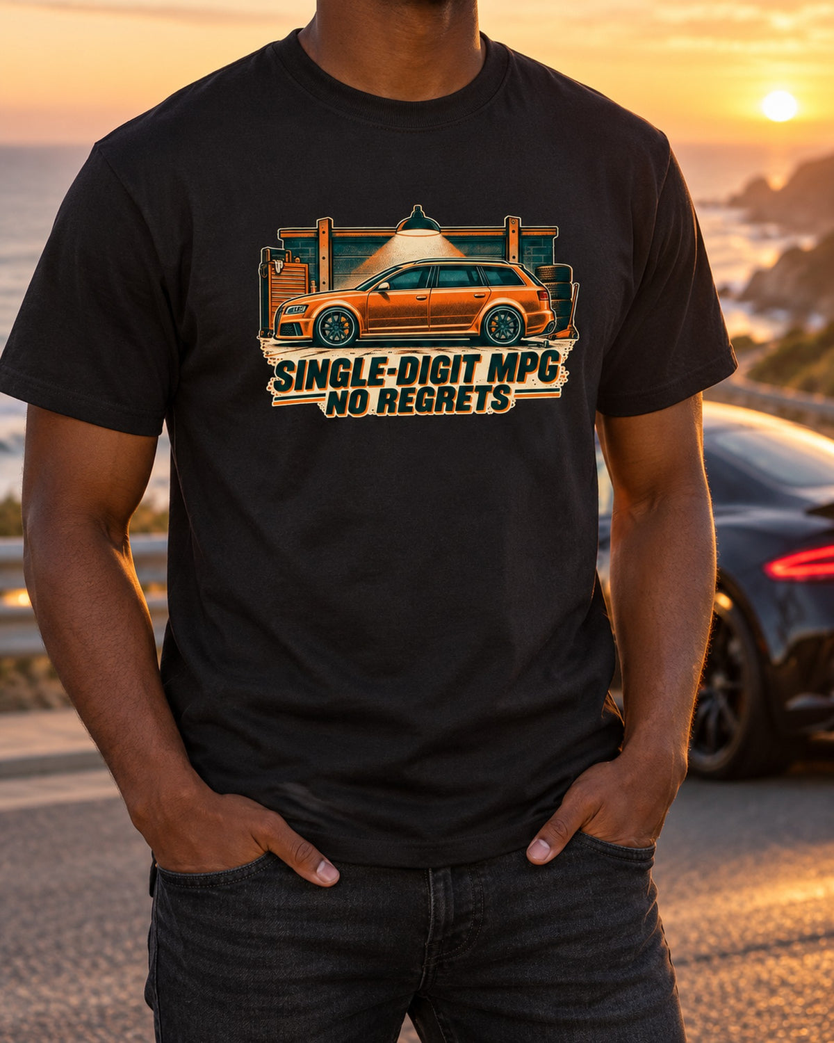 Audi RS6 Avant C6 4F Risograph Garage Light Shirt, No Regrets T-Shirt Black worn hero