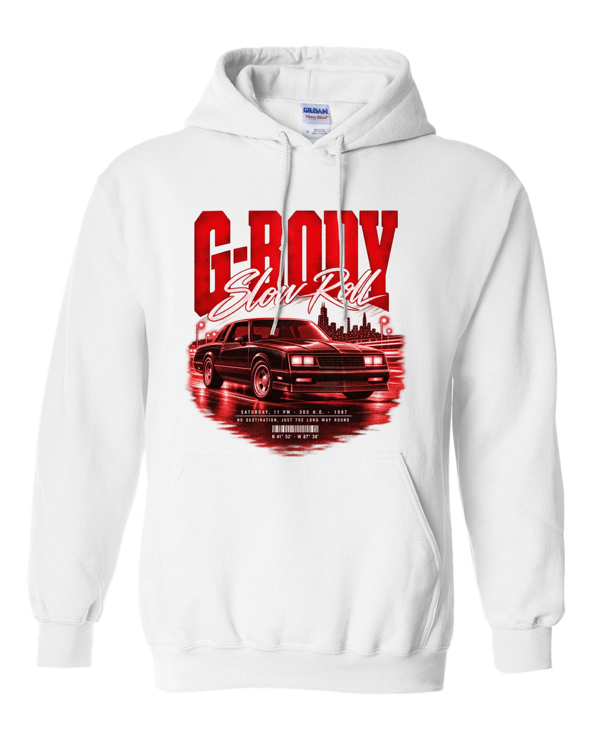 1987 Monte Carlo SS G-body street poster print with Slow Roll lettering white pull over hoodie front view with the design