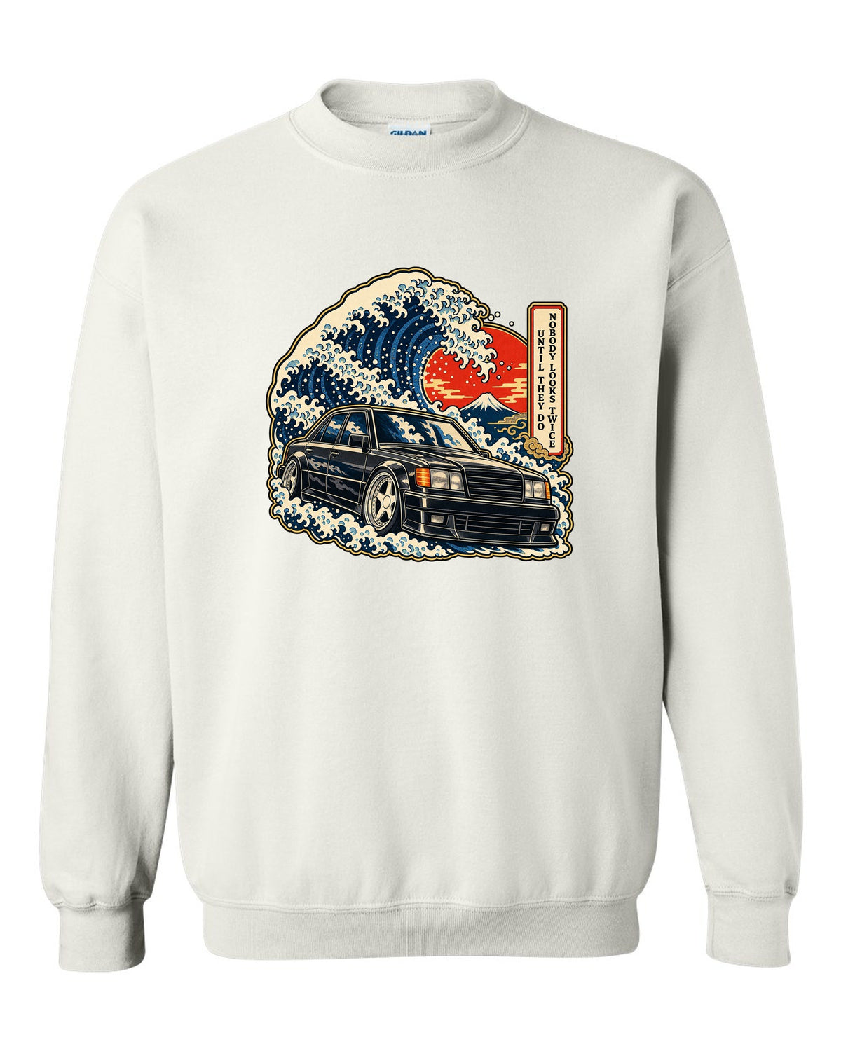 Ukiyo-e woodblock wave over a Mercedes 300E Hammer W124 with caption text white crewneck front view with the design