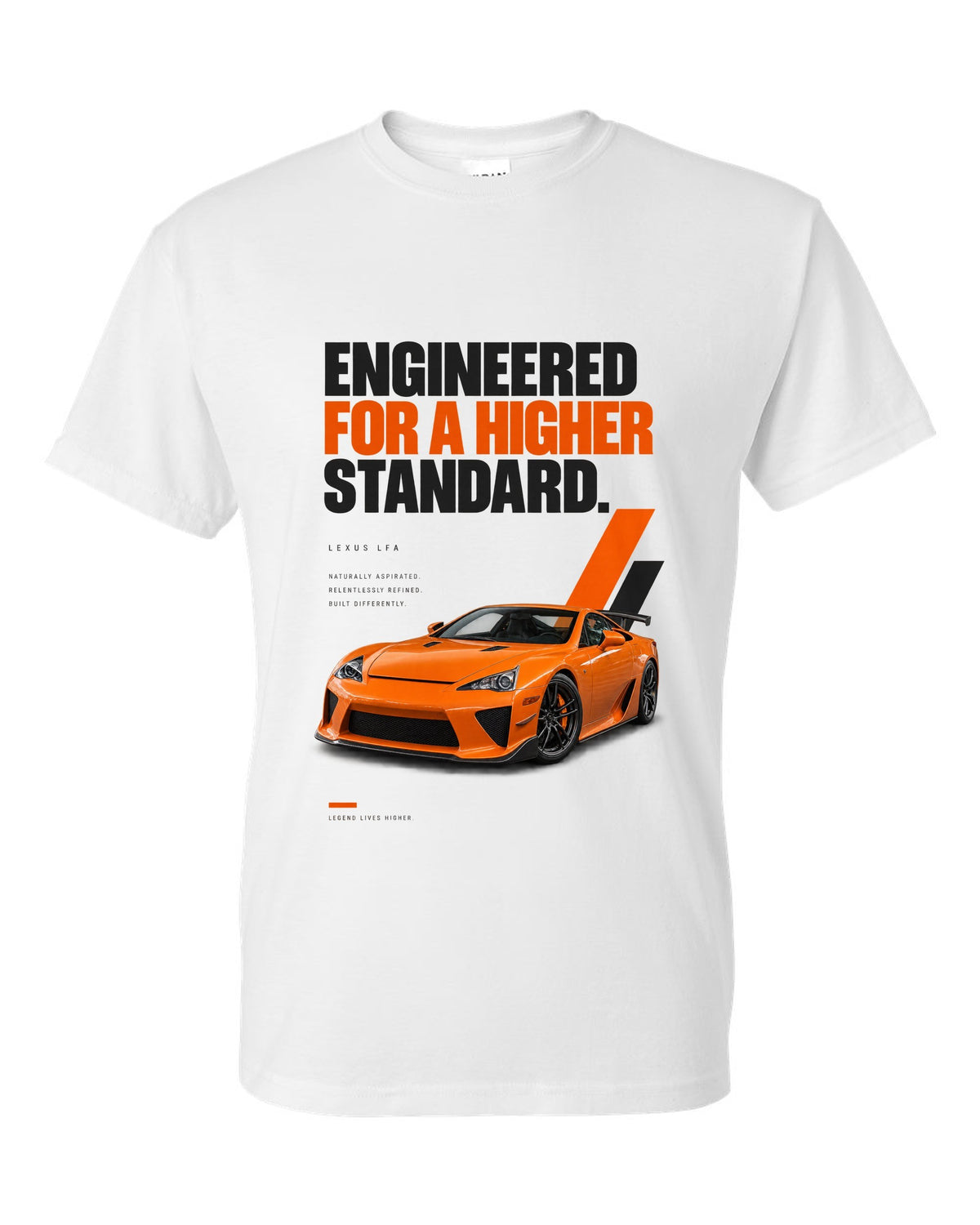 Magazine headline layout featuring the Lexus LFA and its digital tachometer white t-shirt front view with the design