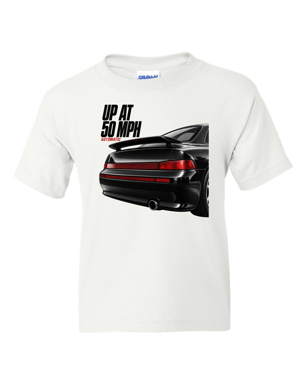Detail macro print of the Porsche 911 Carrera 2 (964) rear spoiler with the caption Up At 50 MPH white kids tee front view with the design