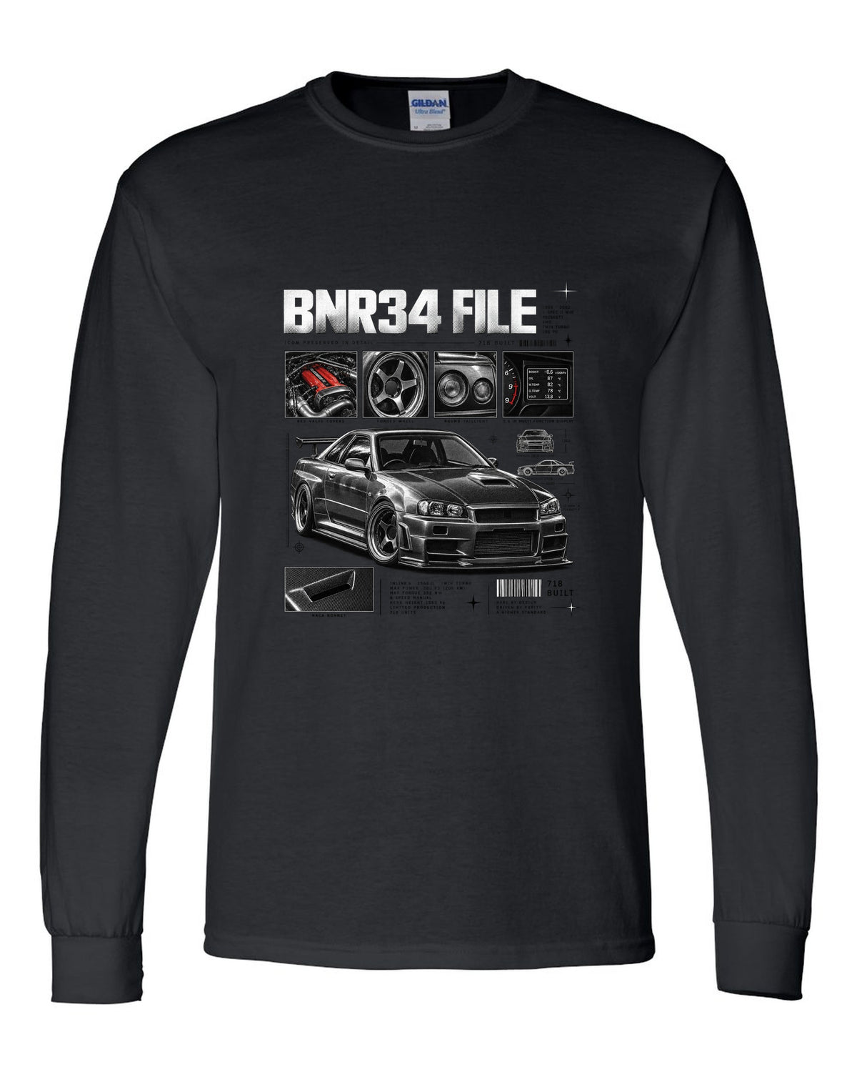 Dossier panel print of a Nissan Skyline GT-R R34 V-Spec II Nur with 718 built text black long sleeve front view with the design