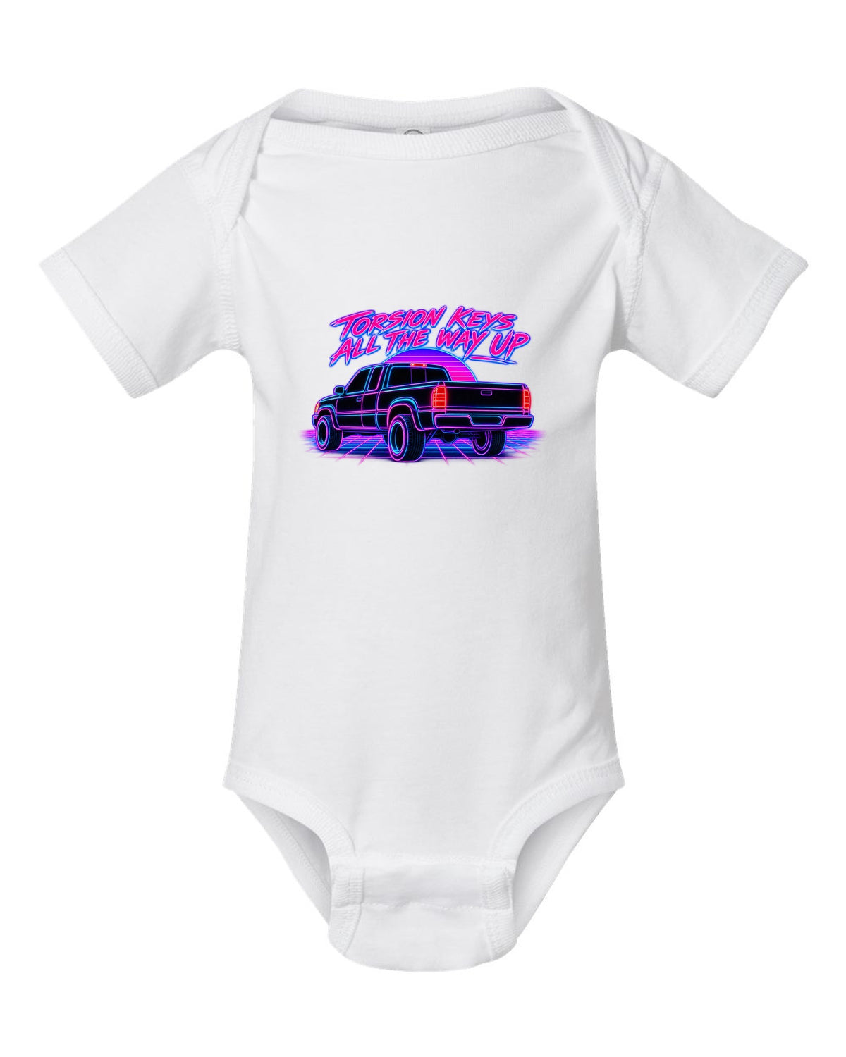 Neon synthwave line print of a 1988-98 Chevrolet GMT400 C1500 OBS extended cab taillight white baby onesie front view with the design