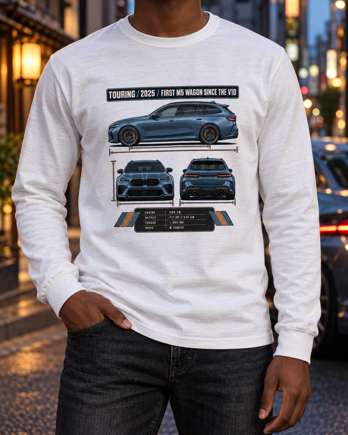 BMW M5 G90 Touring Three-View Tee, First M5 Wagon Since V10 Long Sleeve White worn hero