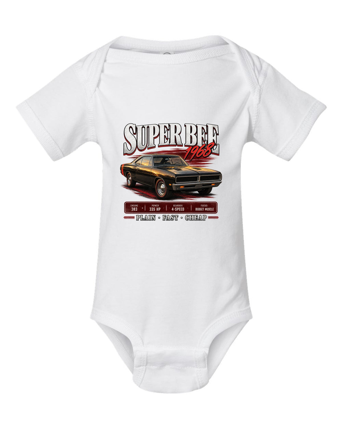 1968 Dodge Coronet Super Bee B-body coupe archive panel print white baby onesie front view with the design