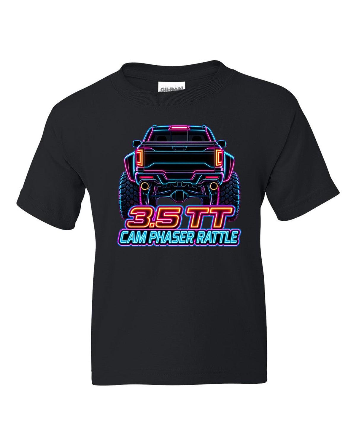 Neon outline print of a 2017-2020 Ford F-150 Raptor Gen 2 P552 taillights on black black kids tee front view with the design