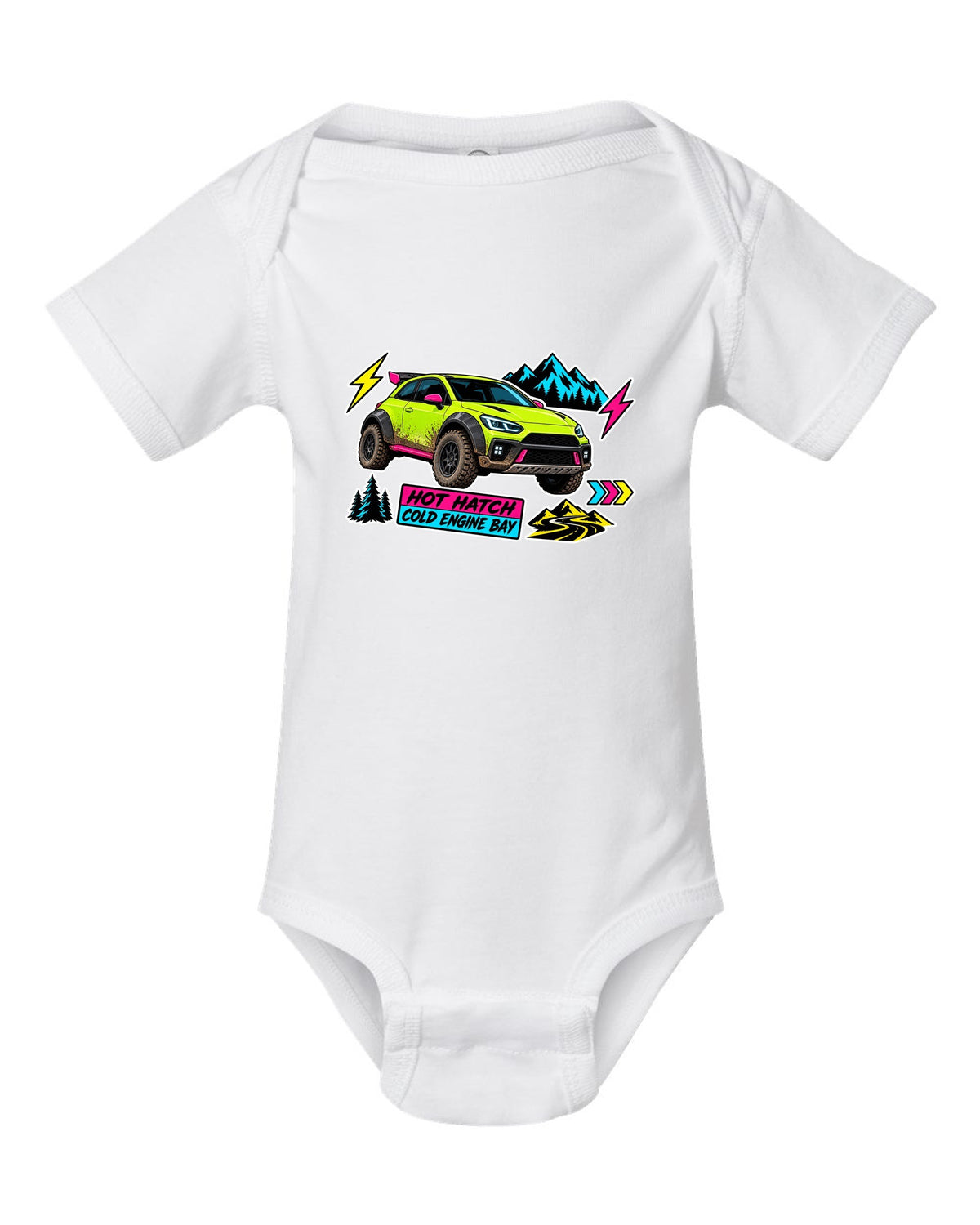 Rivian R3X die-cut slap sticker collage print with the text hot ch cold engine bay white baby onesie front view with the design