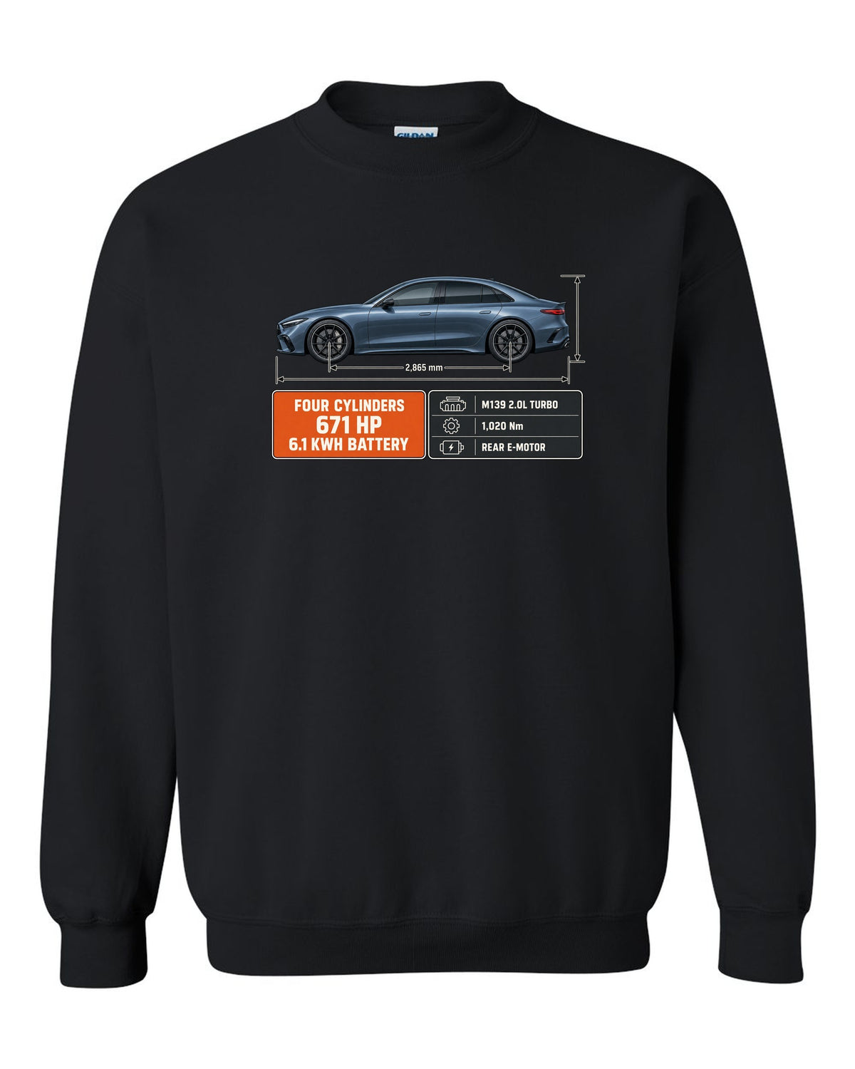 Mercedes-AMG C63 S E Performance W206 blueprint with dimension lines black crewneck front view with the design