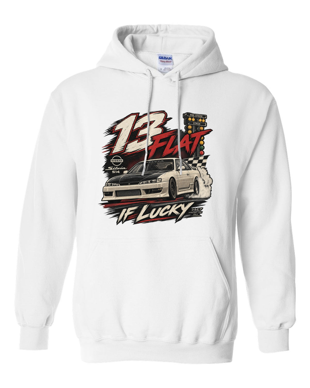 Vintage race poster print of a Nissan Silvia S14 with 13 flat if lucky text white pull over hoodie front view with the design