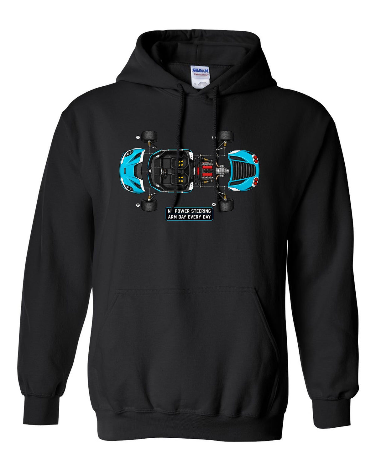 Blueprint exploded view of an Alfa Romeo 4C with no power steering arm day text black pull over hoodie front view with the design