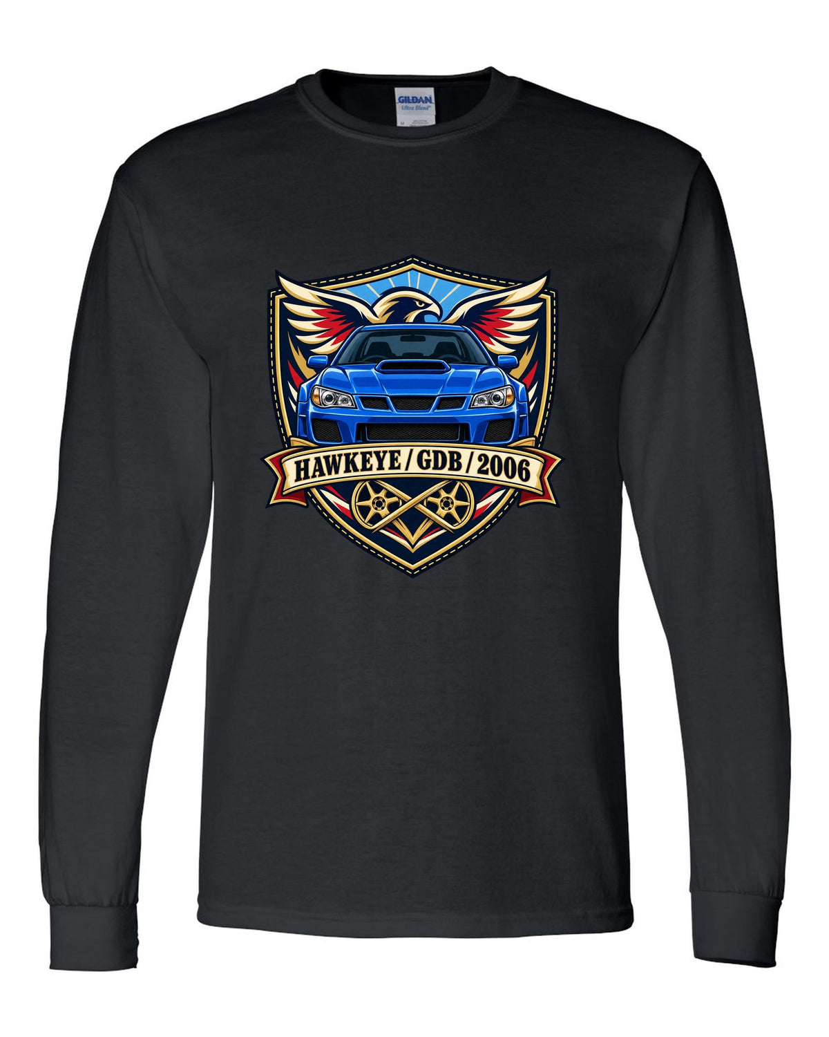 Subaru Impreza WRX STI GDB Hawkeye varsity crest print reading HAWKEYE / GDB / 2006 black long sleeve front view with the design