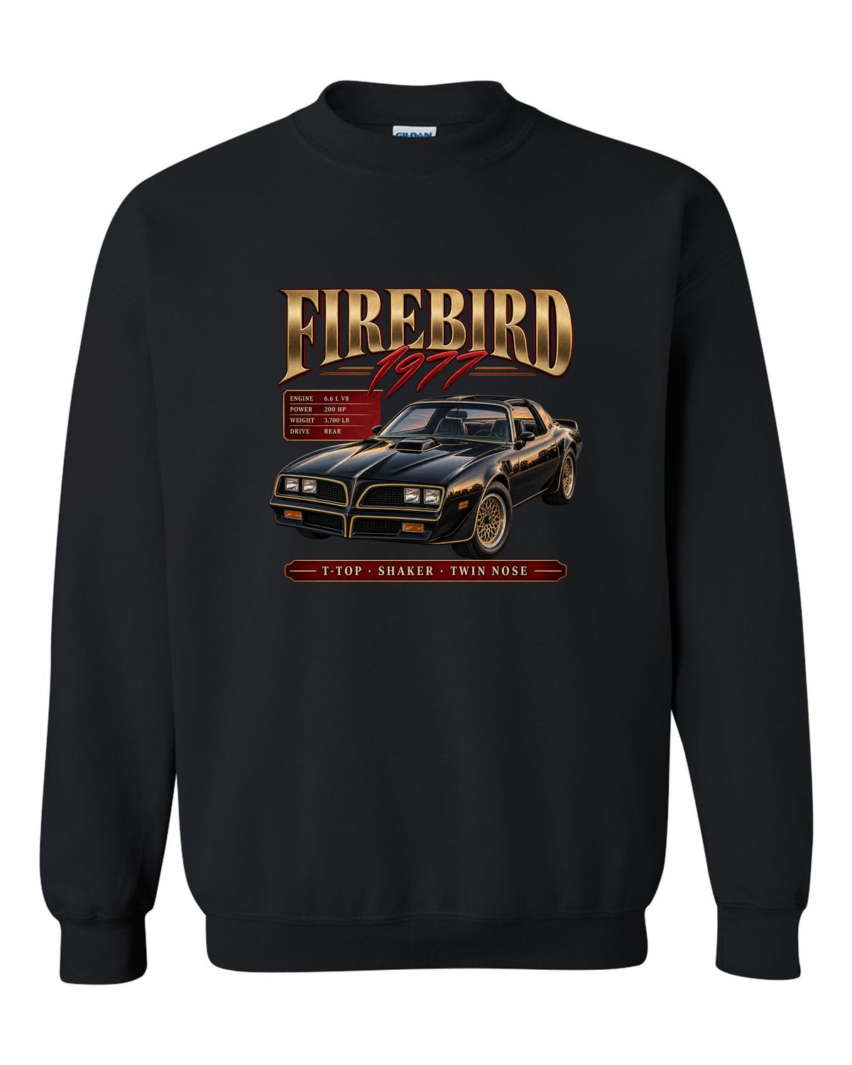 print archive panel of a 1977 Pontiac Firebird T-top with shaker and twin nose lettering black crewneck front view with the design