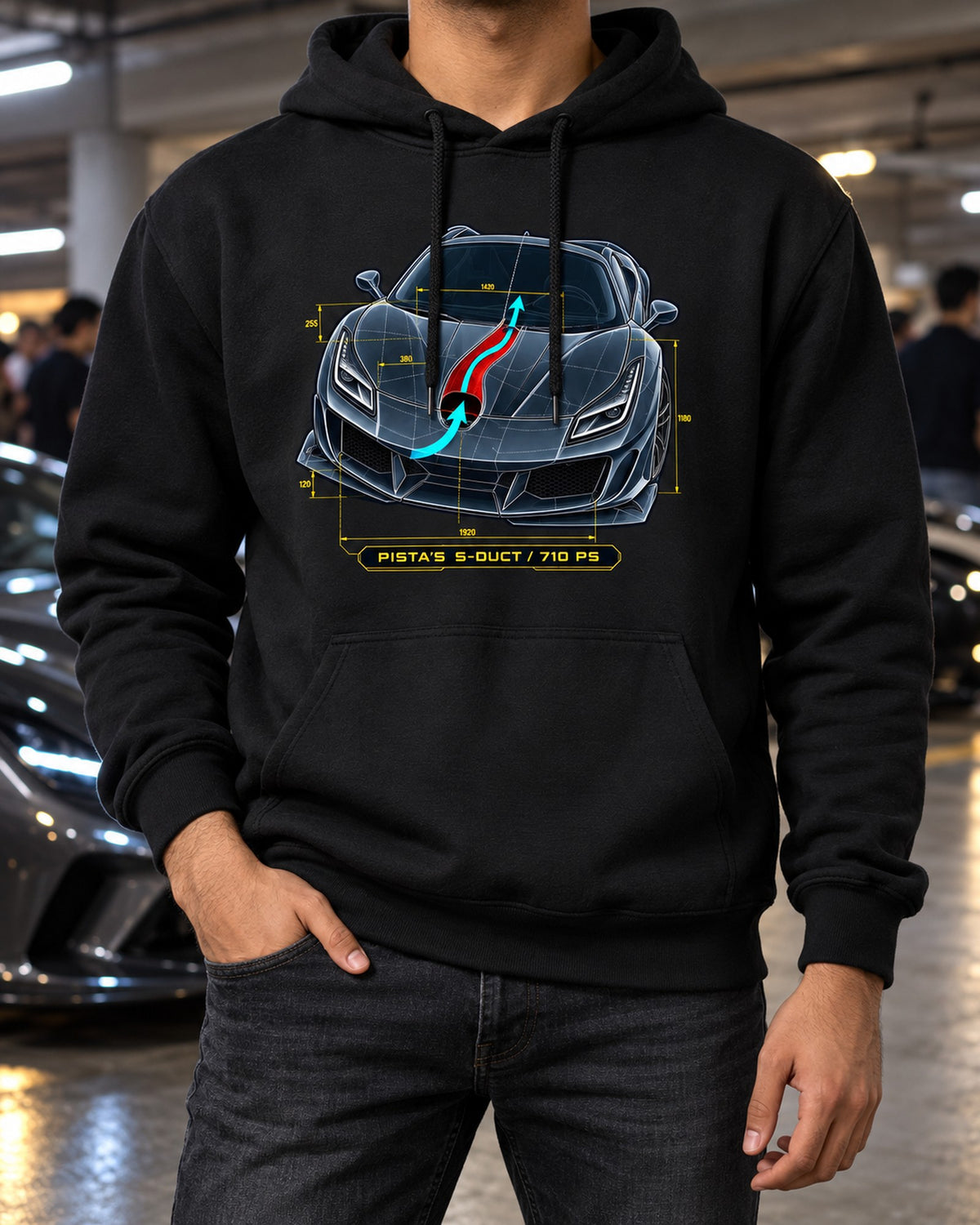 S-Duct Blueprint Tee for Ferrari F8 Tributo Owners Pull Over Hoodie Black worn hero