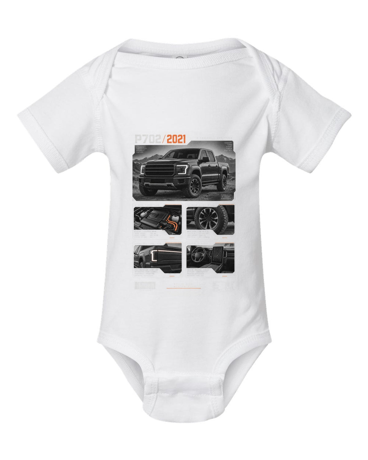 Dossier panel print of a 2021 Ford F-150 P702 light bar with five engines text white baby onesie front view with the design