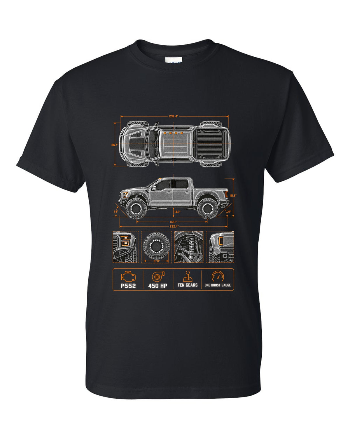 Ford F-150 Raptor Gen 2 P552 spec poster print with 450 HP and ten gears black t-shirt front view with the design