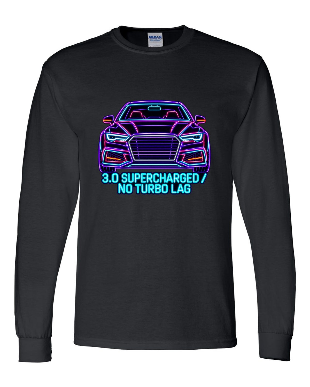 Neon sign line art print of an Audi S4 B8 with 3.0 Supercharged text black long sleeve front view with the design