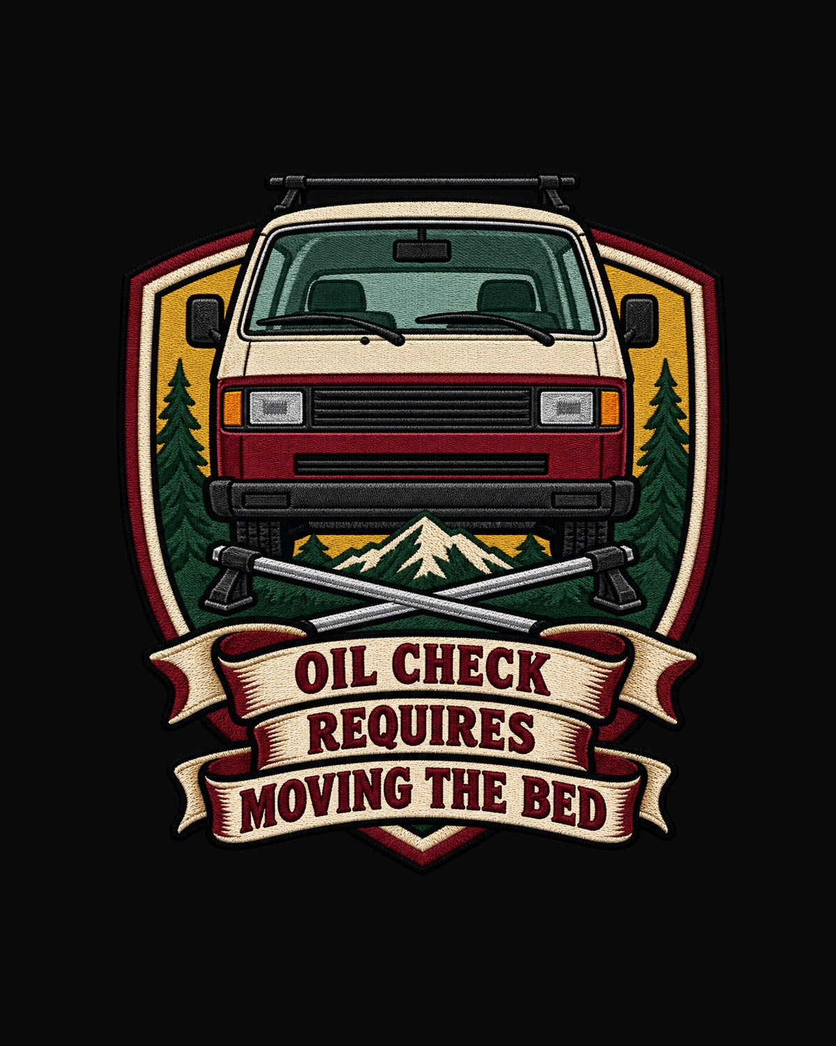 VW T3 Vanagon Varsity Crest Tee, Oil Check Requires Moving Bed design only