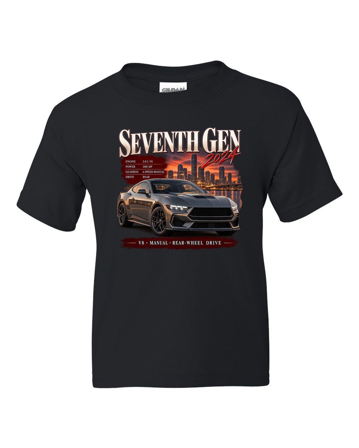 Ford Mustang S650 GT archive panel print reading Seventh Gen 2024 black kids tee front view with the design