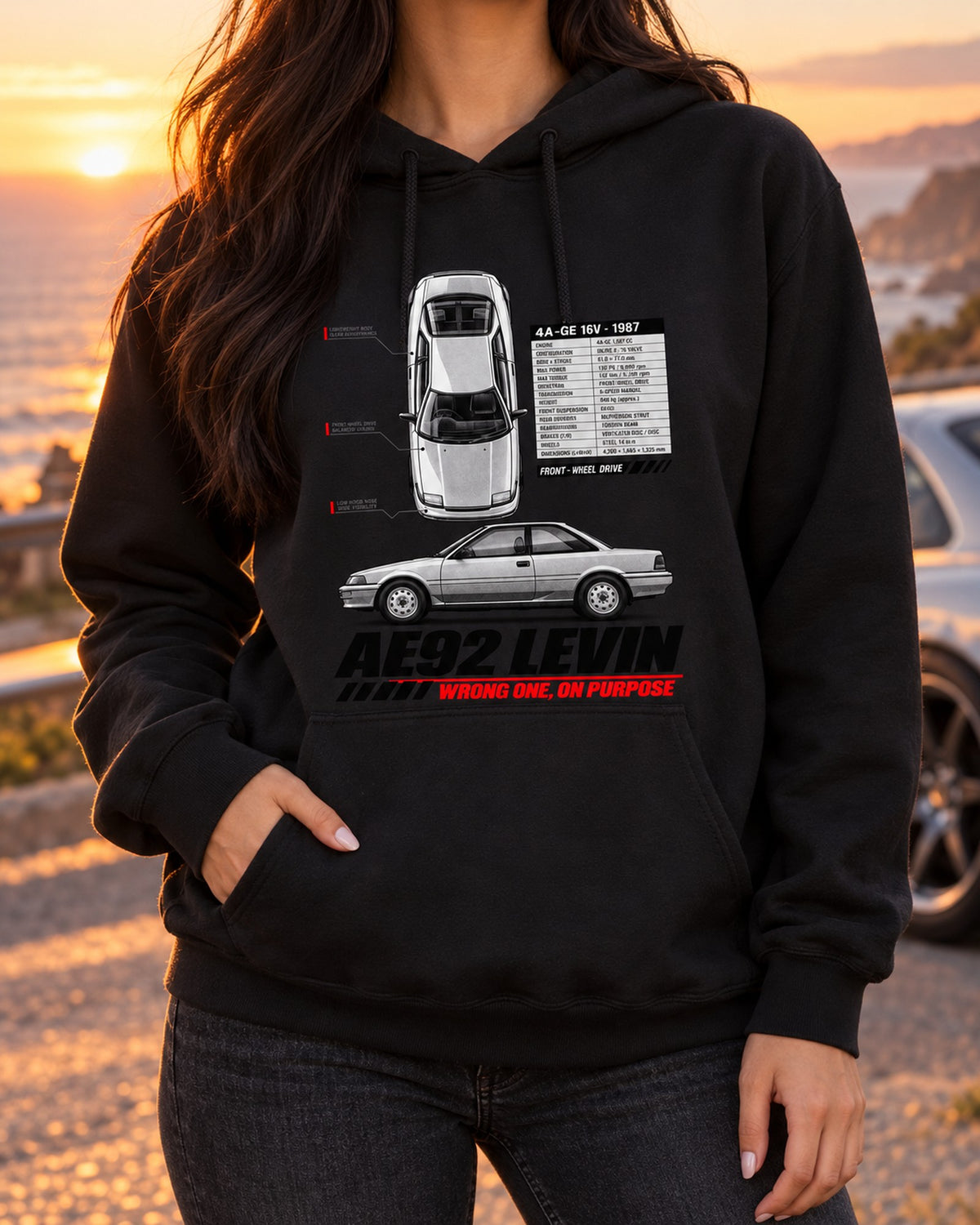 Toyota Corolla Levin AE92 Front-Drive Spec Poster Shirt, 4A-GE Pull Over Hoodie Black worn hero