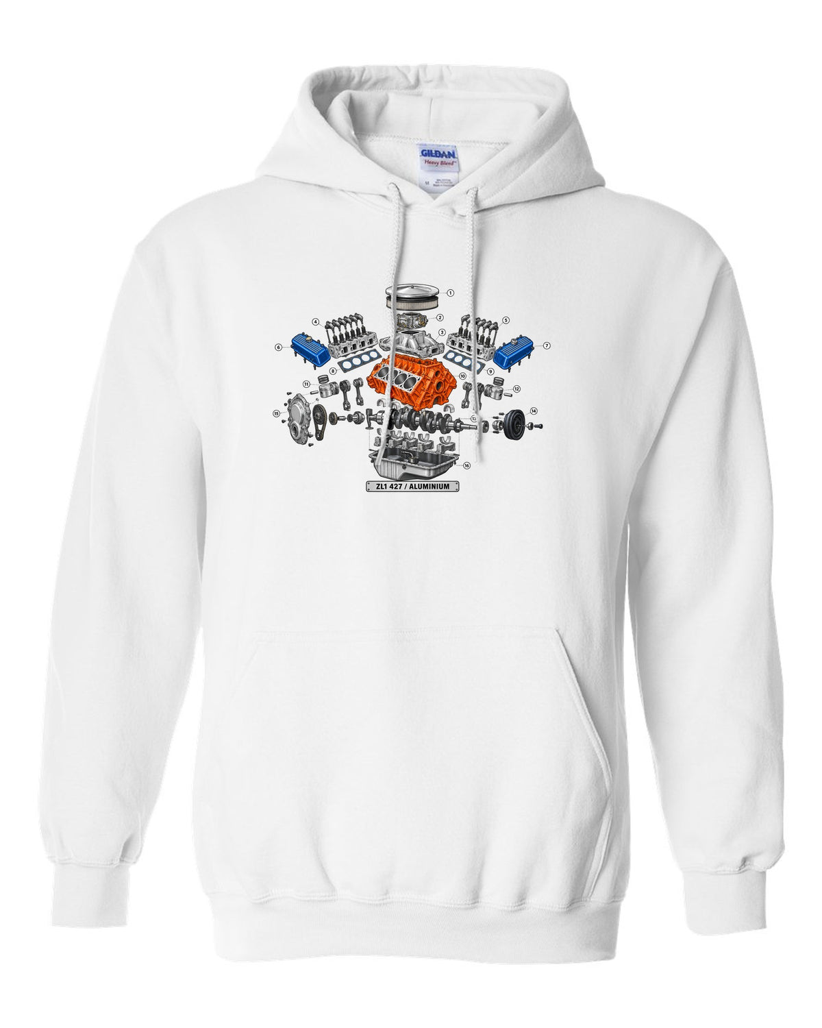 Isometric exploded diagram with numbered callouts of the 1969 Chevrolet Camaro ZL1 427 aluminum engine white pull over hoodie front view with the design