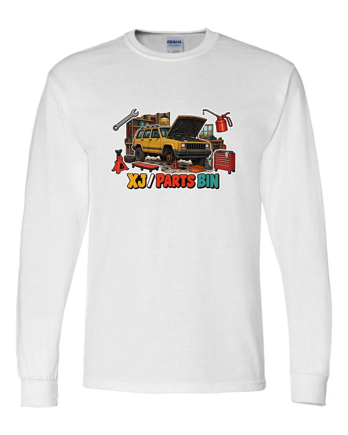 Sticker-bomb die-cut collage print around a Jeep Cherokee XJ labelled Parts Bin white long sleeve front view with the design