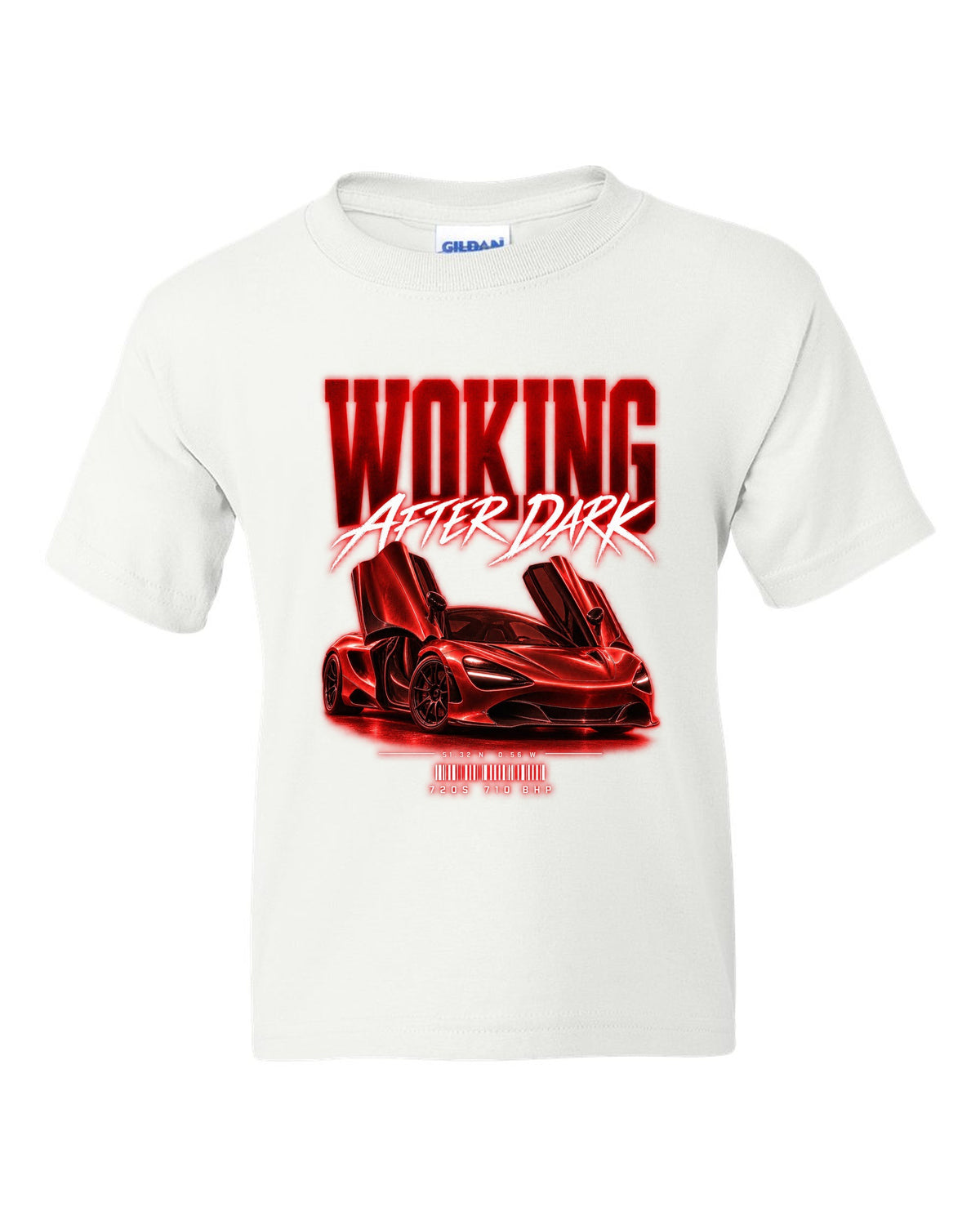 Street poster print of a 2017 McLaren 720S at night with Woking after dark text white kids tee front view with the design