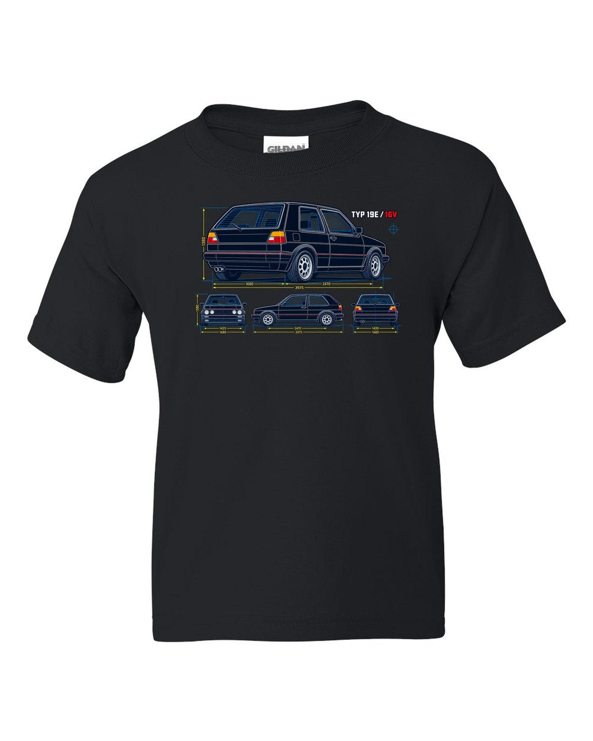 Blueprint line art print of a VW Golf Mk2 GTI 16V with Typ 19E text black kids tee front view with the design