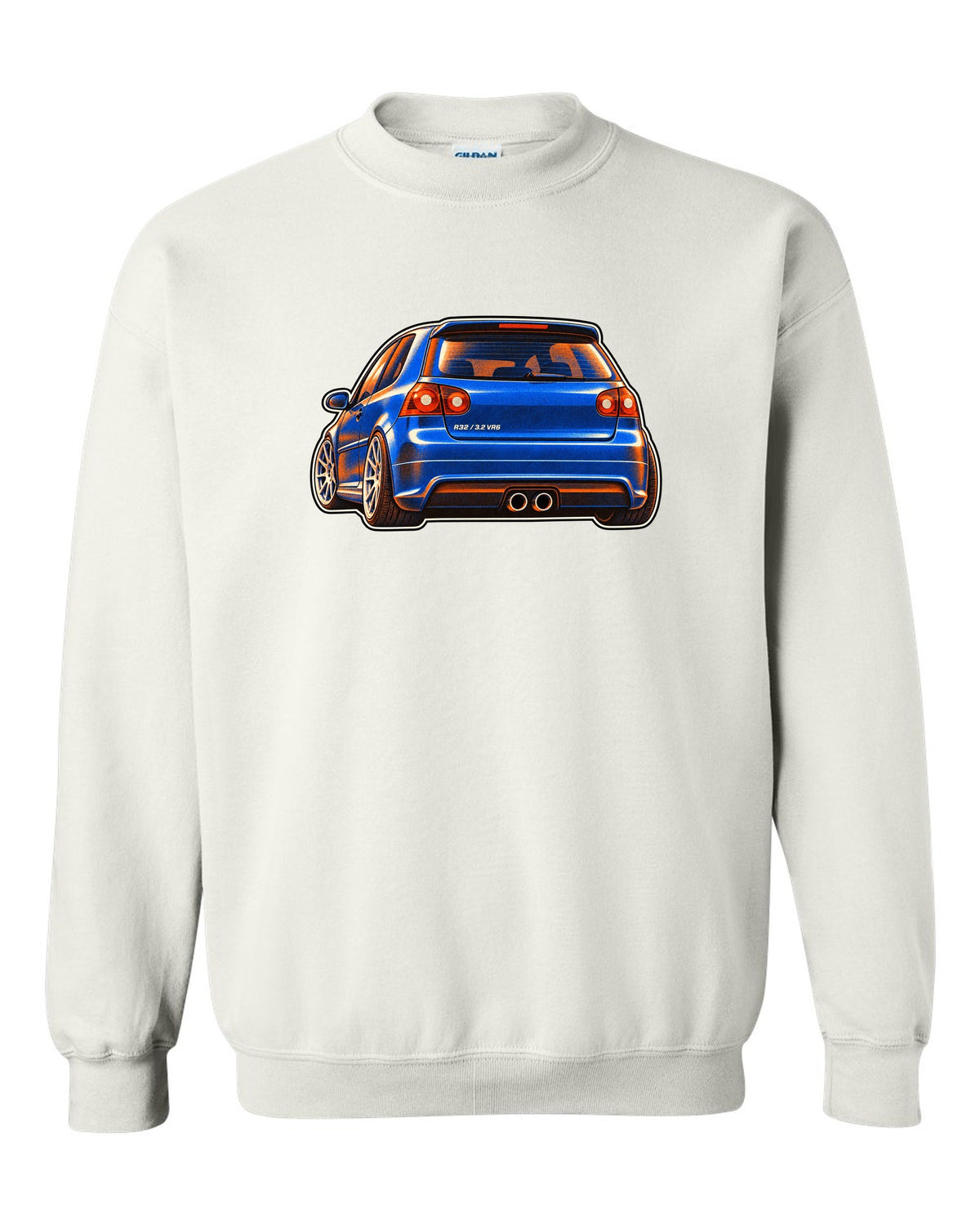 Risograph style print of a VW Golf R32 Mk5 with twin exhaust pipes and 3.2 VR6 text white crewneck front view with the design