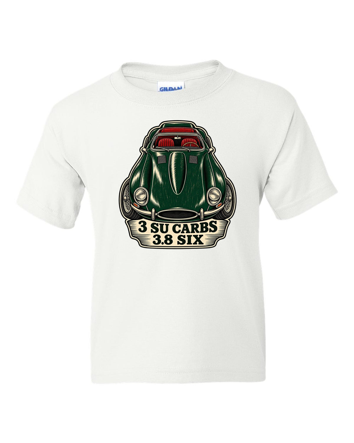 Jaguar E-Type Series 1 long bonnet woodcut with 3 SU CARBS 3.8 SIX lettering white kids tee front view with the design