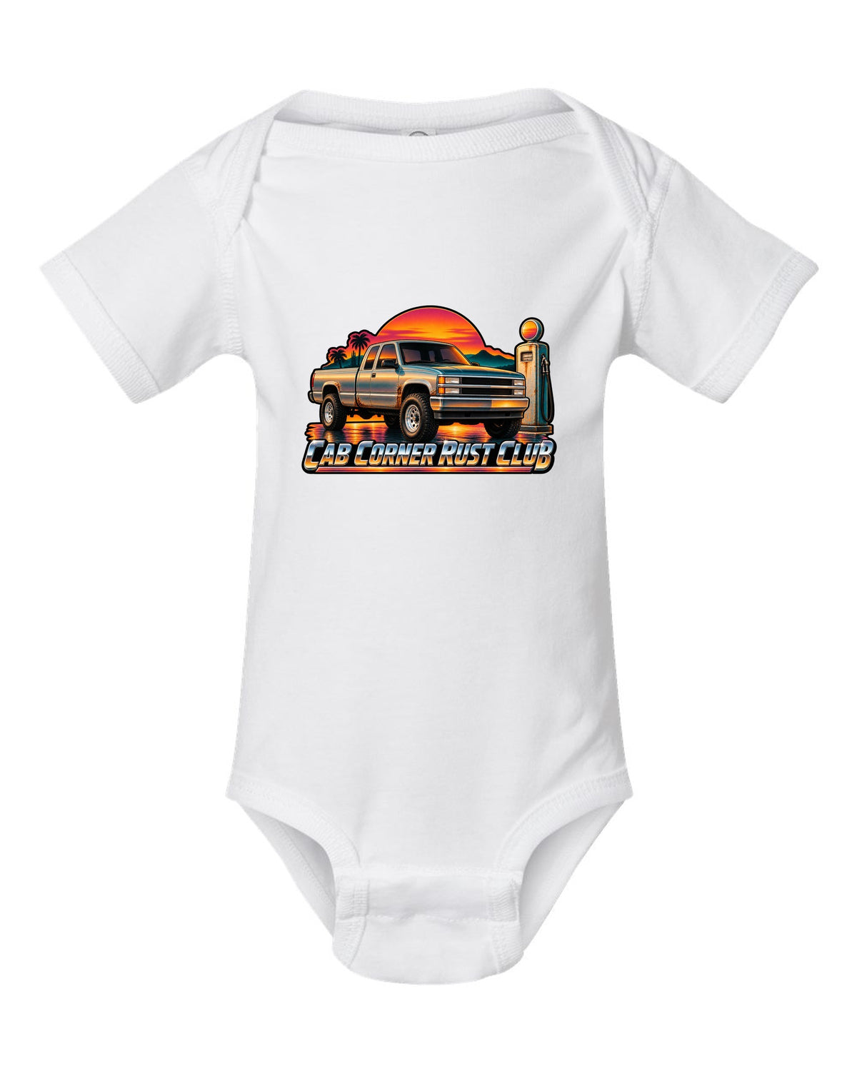 70s airbrush sunset gas pump print of a 1988-1998 Chevrolet OBS Silverado with Cab Corner Rust Club text white baby onesie front view with the design