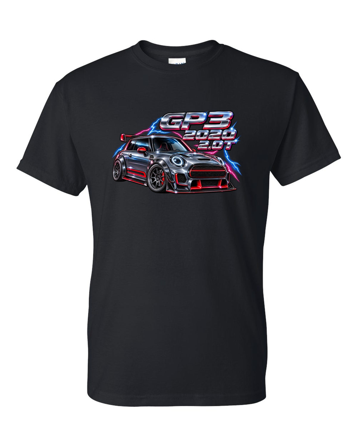 80s airbrush chrome artwork of the Mini JCW GP F56 GP3 black t-shirt front view with the design