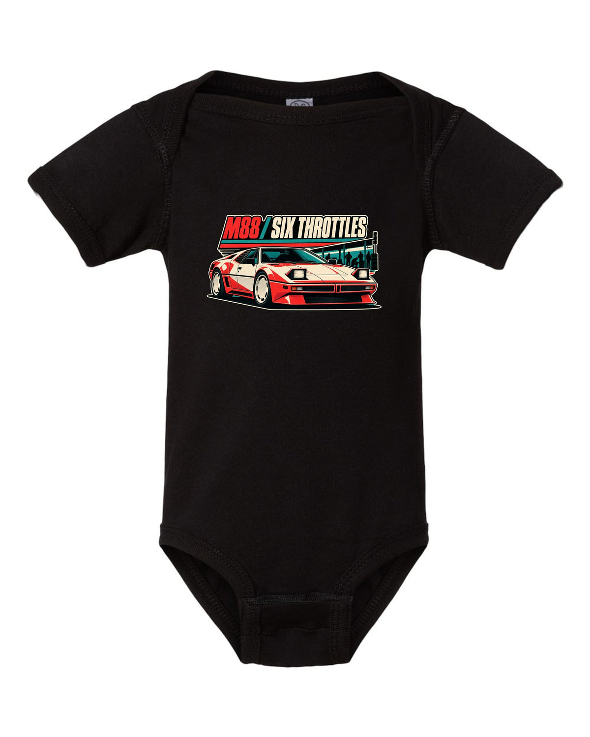 Vintage race poster print of a BMW M1 E26 with M88 six throttles lettering black baby onesie front view with the design